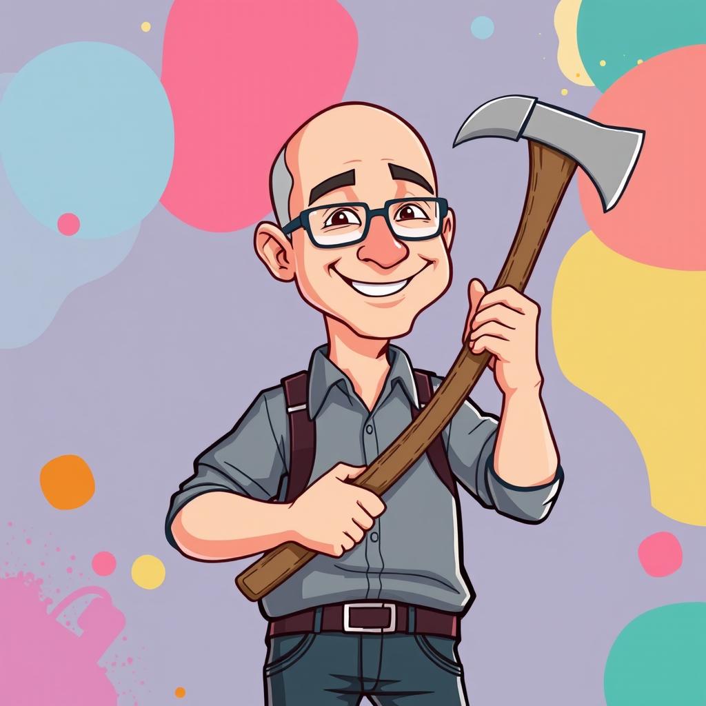 A cartoon illustration of Jeff Bezos confidently holding an axe, styled in a clean and vibrant vector format