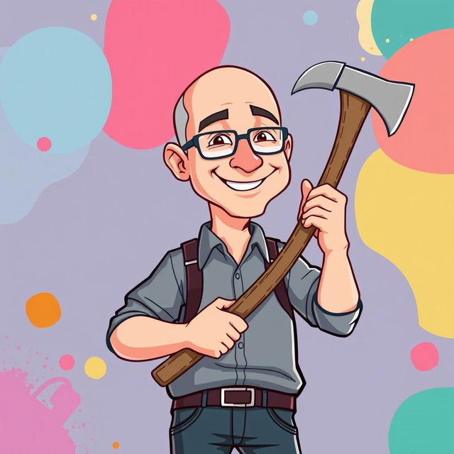 A cartoon illustration of Jeff Bezos confidently holding an axe, styled in a clean and vibrant vector format