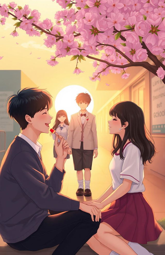 A romantic scene depicting two couples in a high school setting during their teenage years