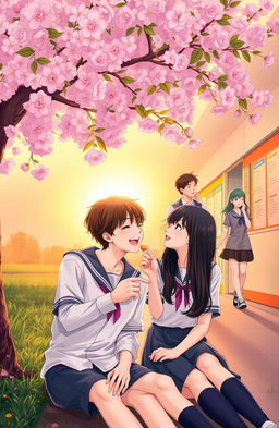 A romantic scene depicting two couples in a high school setting during their teenage years