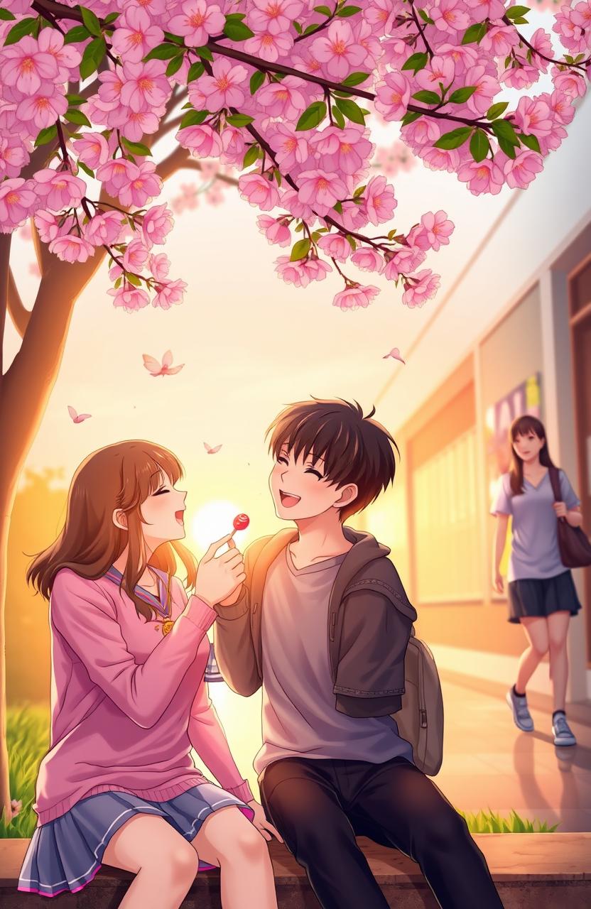 A romantic scene depicting two couples in a high school setting during their teenage years