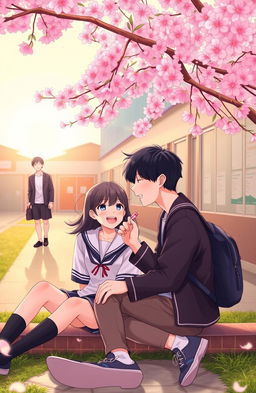 A romantic scene depicting two couples in a high school setting during their teenage years