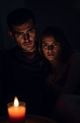 A tense and intimate scene depicting a married couple in a dimly lit room, sharing secret whispers