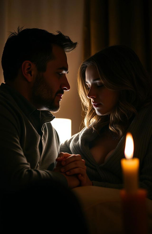 A tense and intimate scene depicting a married couple in a dimly lit room, sharing secret whispers