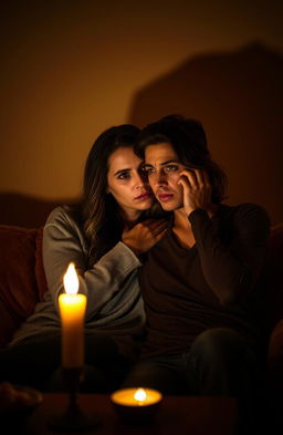 A tense and intimate scene depicting a married couple in a dimly lit room, sharing secret whispers