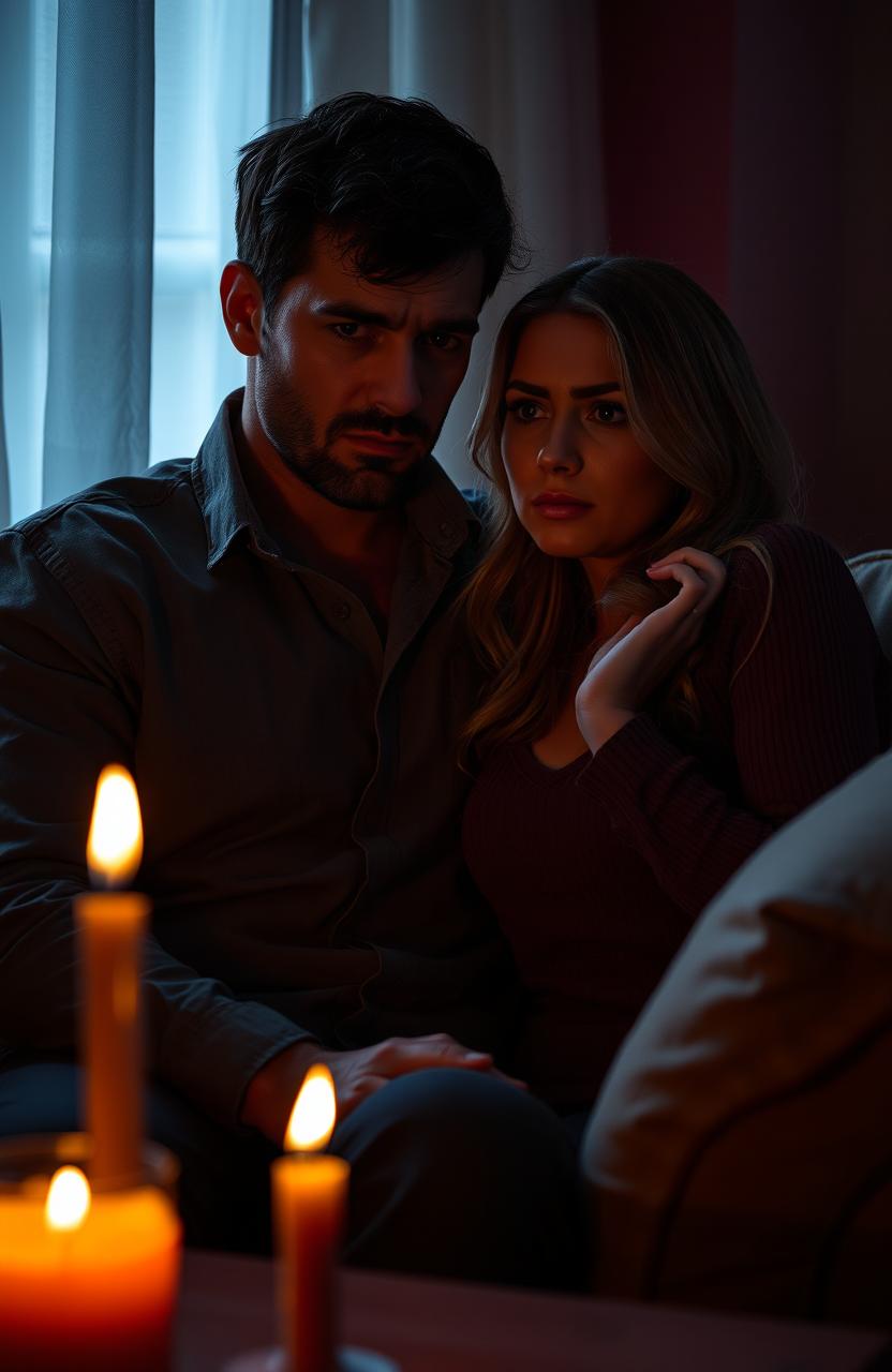 A tense and intimate scene depicting a married couple in a dimly lit room, sharing secret whispers