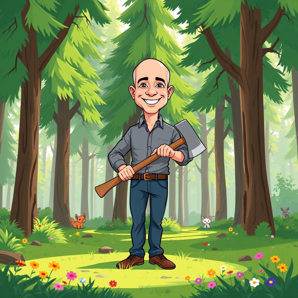 A playful cartoon illustration of Jeff Bezos standing confidently in a lush green forest while holding a large axe