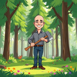A playful cartoon illustration of Jeff Bezos standing confidently in a lush green forest while holding a large axe