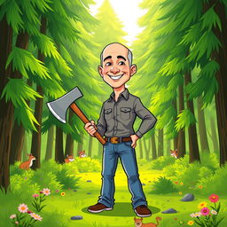 A playful cartoon illustration of Jeff Bezos standing confidently in a lush green forest while holding a large axe