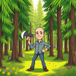 A playful cartoon illustration of Jeff Bezos standing confidently in a lush green forest while holding a large axe