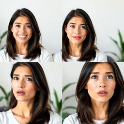 A series of sequential images of a woman transforming her facial expression from neutral to happy, then to surprised, and finally to contemplative