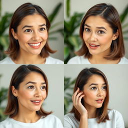 A series of sequential images of a woman transforming her facial expression from neutral to happy, then to surprised, and finally to contemplative
