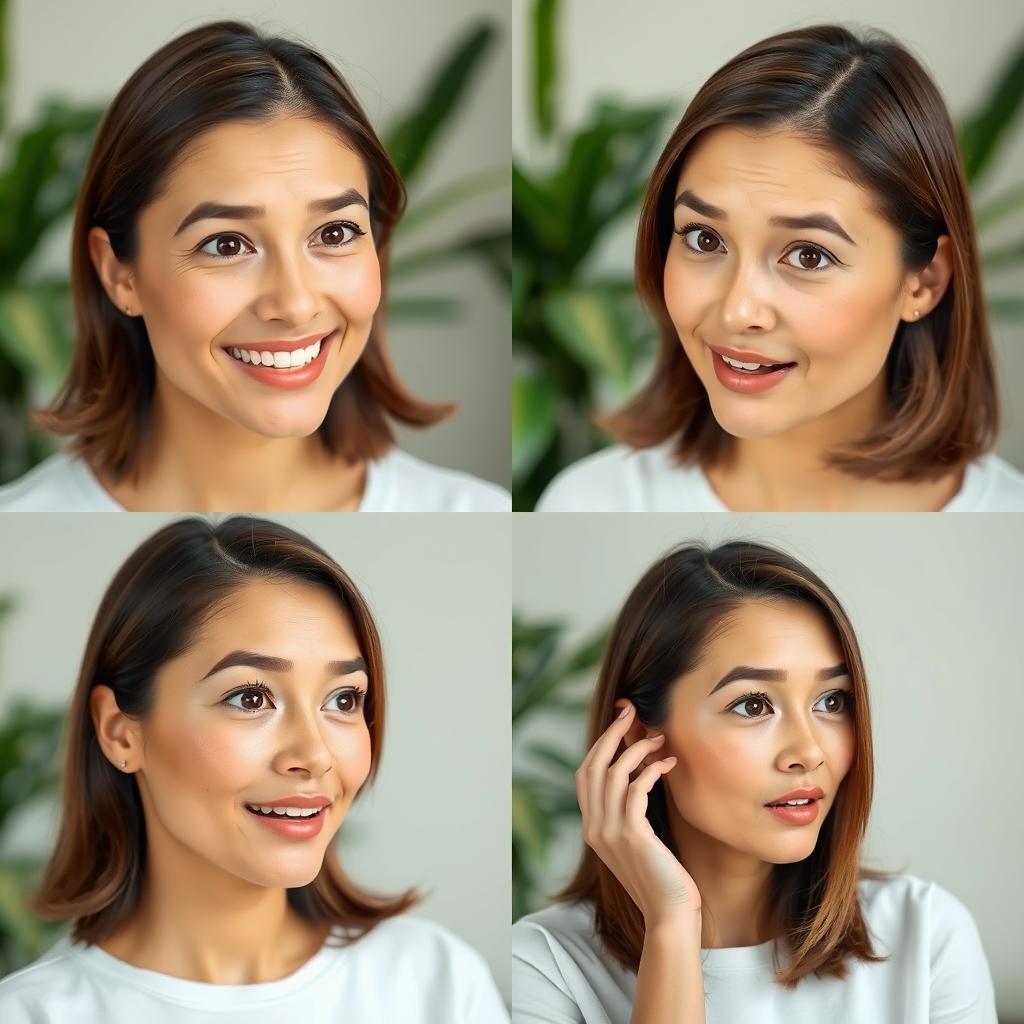 A series of sequential images of a woman transforming her facial expression from neutral to happy, then to surprised, and finally to contemplative