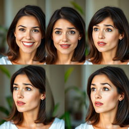 A series of sequential images of a woman transforming her facial expression from neutral to happy, then to surprised, and finally to contemplative