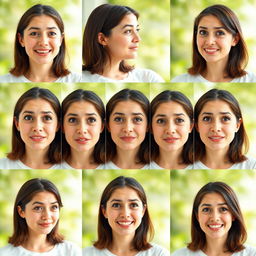 A series of 10 sequential images showcasing a woman as she undergoes a range of facial expressions, starting from a neutral face, progressing to happy, surprised, contemplative, curious, thoughtful, concerned, excited, relaxed, amused, and finishing with a serene smile