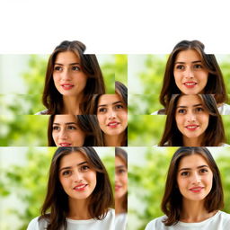A series of 10 sequential images showcasing a woman as she undergoes a range of facial expressions, starting from a neutral face, progressing to happy, surprised, contemplative, curious, thoughtful, concerned, excited, relaxed, amused, and finishing with a serene smile