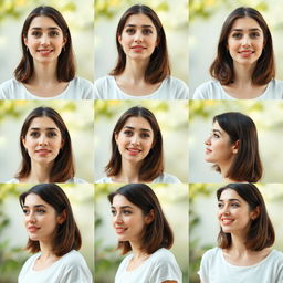 A series of 10 sequential images showcasing a woman as she undergoes a range of facial expressions, starting from a neutral face, progressing to happy, surprised, contemplative, curious, thoughtful, concerned, excited, relaxed, amused, and finishing with a serene smile