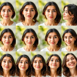 A series of 10 sequential images showcasing a woman as she undergoes a range of facial expressions, starting from a neutral face, progressing to happy, surprised, contemplative, curious, thoughtful, concerned, excited, relaxed, amused, and finishing with a serene smile