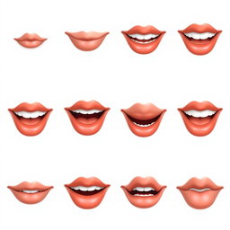 A series of 10 sequential images depicting a pair of realistic lips in various positions to illustrate mouth movements for a speaking animation