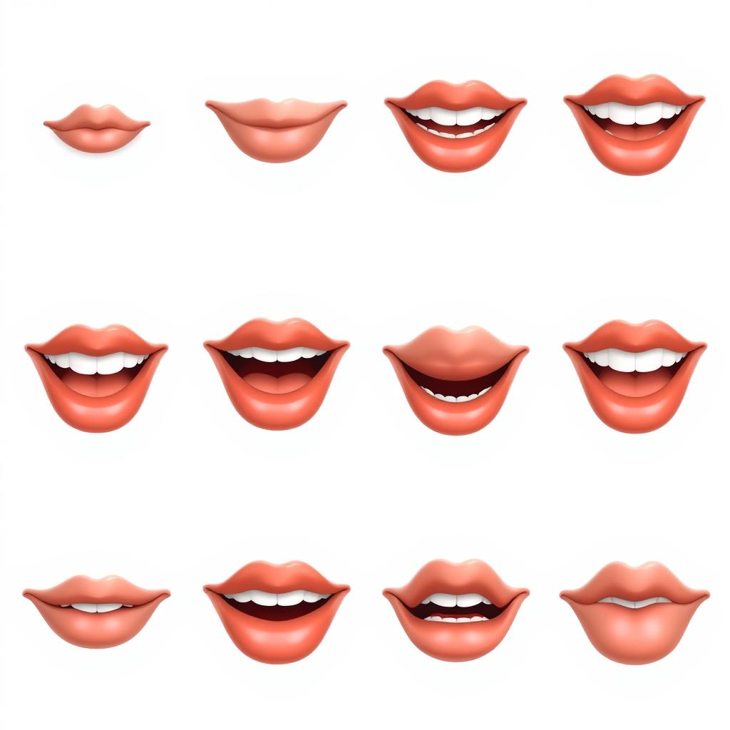 A series of 10 sequential images depicting a pair of realistic lips in various positions to illustrate mouth movements for a speaking animation