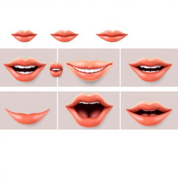 A series of 10 sequential images depicting a pair of realistic lips in various positions to illustrate mouth movements for a speaking animation
