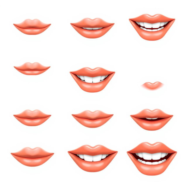 A series of 10 sequential images depicting a pair of realistic lips in various positions to illustrate mouth movements for a speaking animation