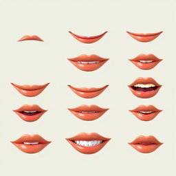 A series of 10 sequential images depicting a pair of realistic lips in various positions to illustrate mouth movements for a speaking animation