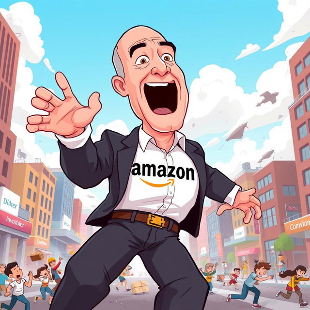 A cartoon illustration of Jeff Bezos depicted as a giant, rampaging through a vibrant city