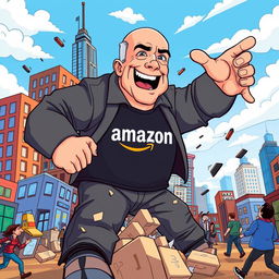 A cartoon illustration of Jeff Bezos depicted as a giant, rampaging through a vibrant city