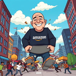 A cartoon illustration of Jeff Bezos depicted as a giant, rampaging through a vibrant city