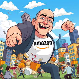 A cartoon illustration of Jeff Bezos depicted as a giant, rampaging through a vibrant city