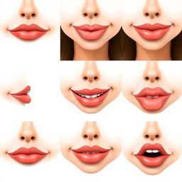A series of 10 sequential images of the same person's realistic lips in various positions to illustrate mouth movements for a speaking animation