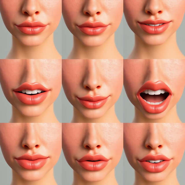 A series of 10 sequential images of the same person's realistic lips in various positions to illustrate mouth movements for a speaking animation