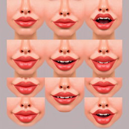 A series of 10 sequential images of the same person's realistic lips in various positions to illustrate mouth movements for a speaking animation