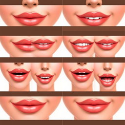 A series of 10 sequential images of the same person's realistic lips in various positions to illustrate mouth movements for a speaking animation