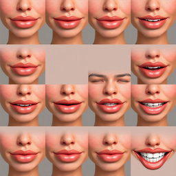 An ordered series of 10 images showcasing the same person's realistic lips in various sequences to illustrate mouth movements for a speaking animation