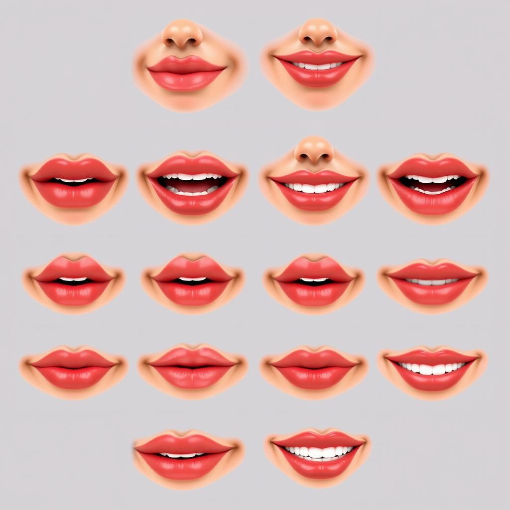 An ordered series of 10 images showcasing the same person's realistic lips in various sequences to illustrate mouth movements for a speaking animation