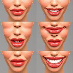 An ordered series of 10 images showcasing the same person's realistic lips in various sequences to illustrate mouth movements for a speaking animation