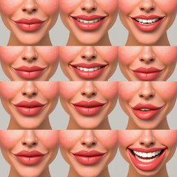 An ordered series of 10 images showcasing the same person's realistic lips in various sequences to illustrate mouth movements for a speaking animation