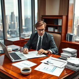 A professional accountant working diligently at an elegant wooden desk, surrounded by stacks of paperwork and a laptop displaying complex spreadsheets