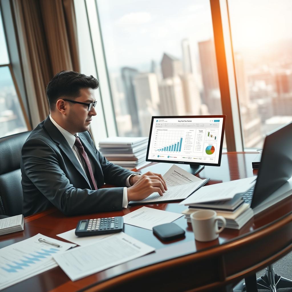 A professional accountant working diligently at an elegant wooden desk, surrounded by stacks of paperwork and a laptop displaying complex spreadsheets