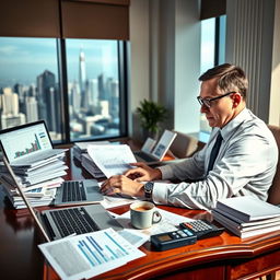 A professional accountant working diligently at an elegant wooden desk, surrounded by stacks of paperwork and a laptop displaying complex spreadsheets