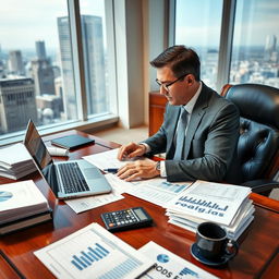 A professional accountant working diligently at an elegant wooden desk, surrounded by stacks of paperwork and a laptop displaying complex spreadsheets