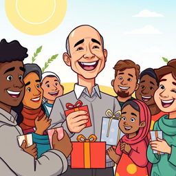 A colorful cartoon illustration of Jeff Bezos in a friendly demeanor, standing joyfully with a big smile, handing out gifts to a group of diverse, happy poor people