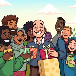 A colorful cartoon illustration of Jeff Bezos in a friendly demeanor, standing joyfully with a big smile, handing out gifts to a group of diverse, happy poor people