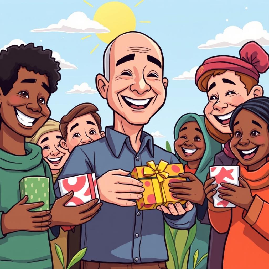 A colorful cartoon illustration of Jeff Bezos in a friendly demeanor, standing joyfully with a big smile, handing out gifts to a group of diverse, happy poor people