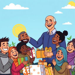A colorful cartoon illustration of Jeff Bezos in a friendly demeanor, standing joyfully with a big smile, handing out gifts to a group of diverse, happy poor people