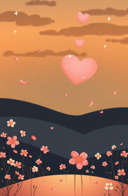 A whimsical and charming illustration representing a cute, romantic love story without any people
