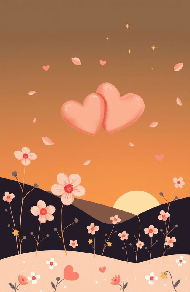 A whimsical and charming illustration representing a cute, romantic love story without any people