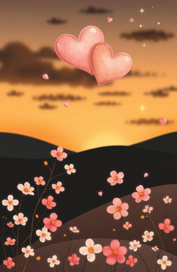 A whimsical and charming illustration representing a cute, romantic love story without any people